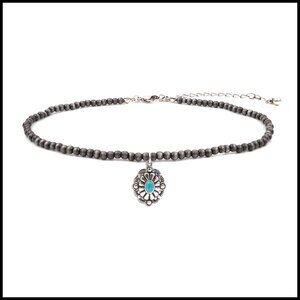 Silver Turquoise Stone Choker Necklace Southwestern Boho Vintage Style